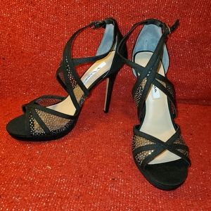 Nina black patent cross strap mesh and glitter stiletto